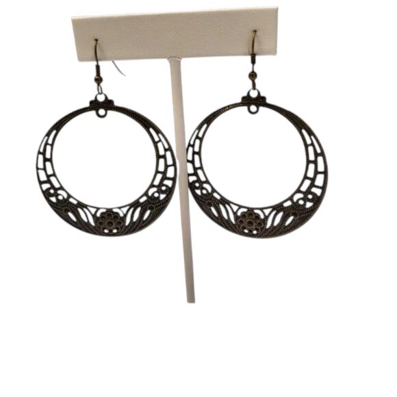 Floral Hoop Pierced Earrings Round Copper Tone Vintage like 2 inch drop - Picture 5 of 9